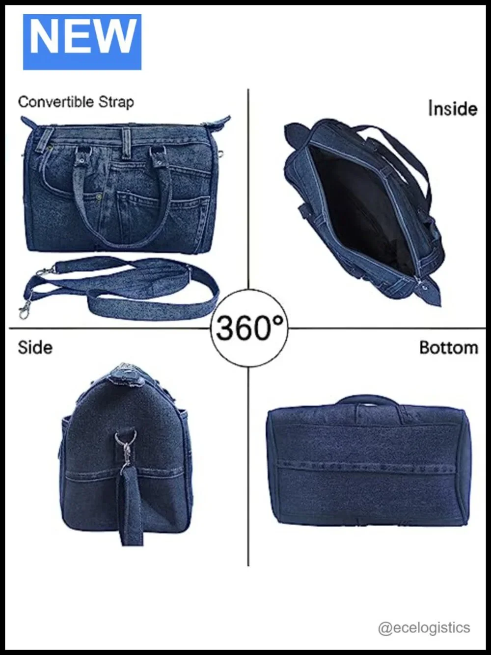Upcycled Denim Bowler Handbag Large Top Handle Convertible Shoulder Purse